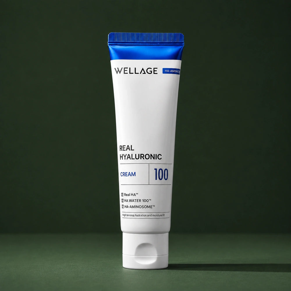 Crème Visage Hyaluronique 100 WELLAGE sur fond vert profond