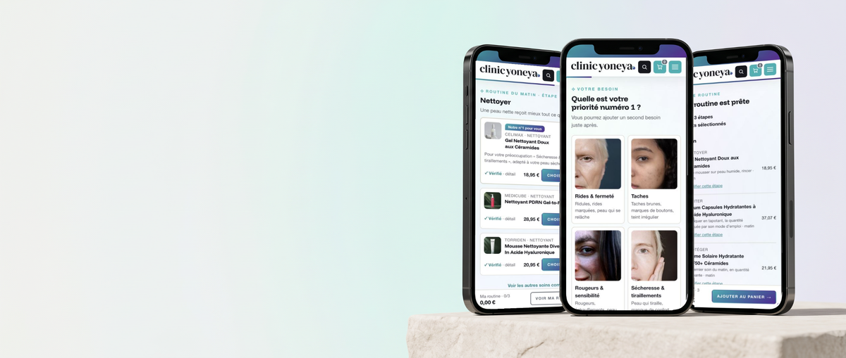Trois téléphones ouverts sur le créateur de routine Clinic Yoneya : vos soins, votre besoin, votre routine prête