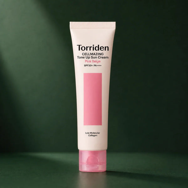 Crème Solaire Teintée Pink Beige Cellmazing SPF50+ PA++++ 60 ml - visuel produit sur fond vert premium