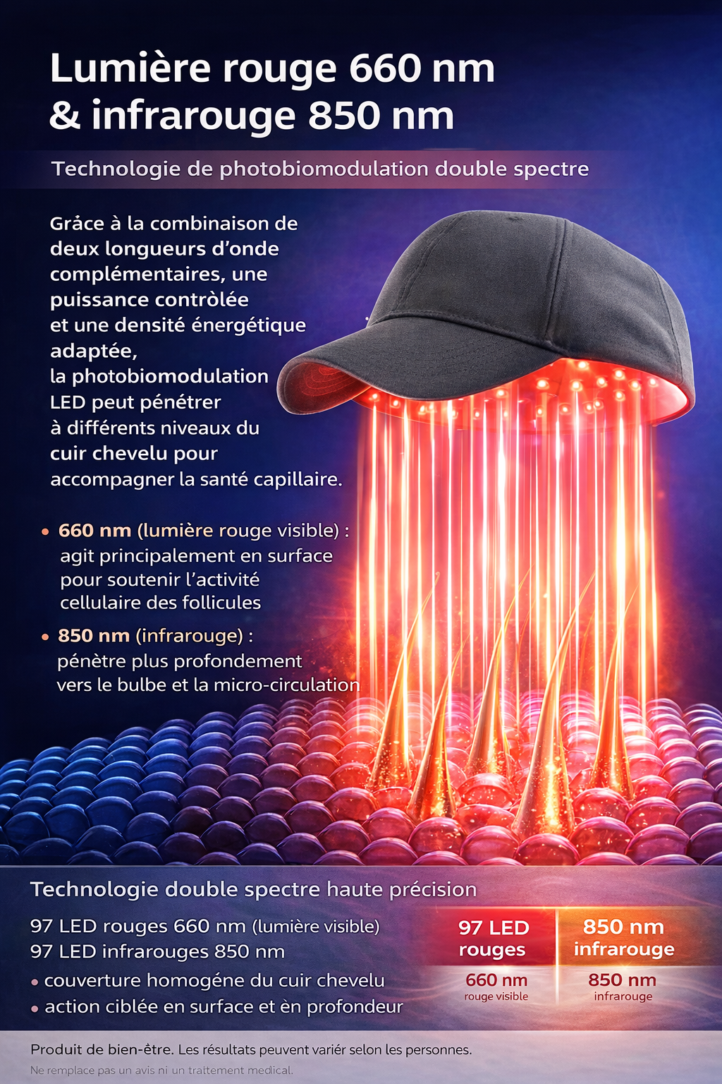 Casquette LED Infrarouge 660 nm & 850 nm – Rituel Anti‑Chute & Densité Capillaire