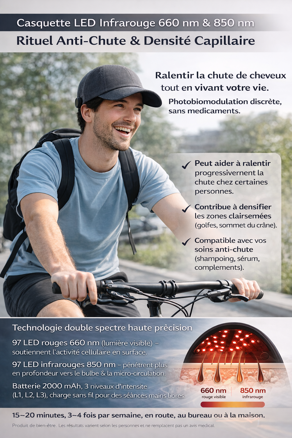 Casquette LED Infrarouge 660 nm & 850 nm – Rituel Anti‑Chute & Densité Capillaire