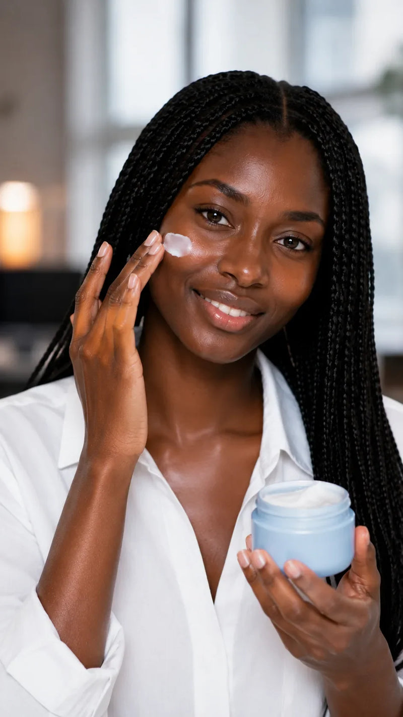 Femme aux cheveux tressés appliquant une crème — routine soin visage Clinic Yoneya