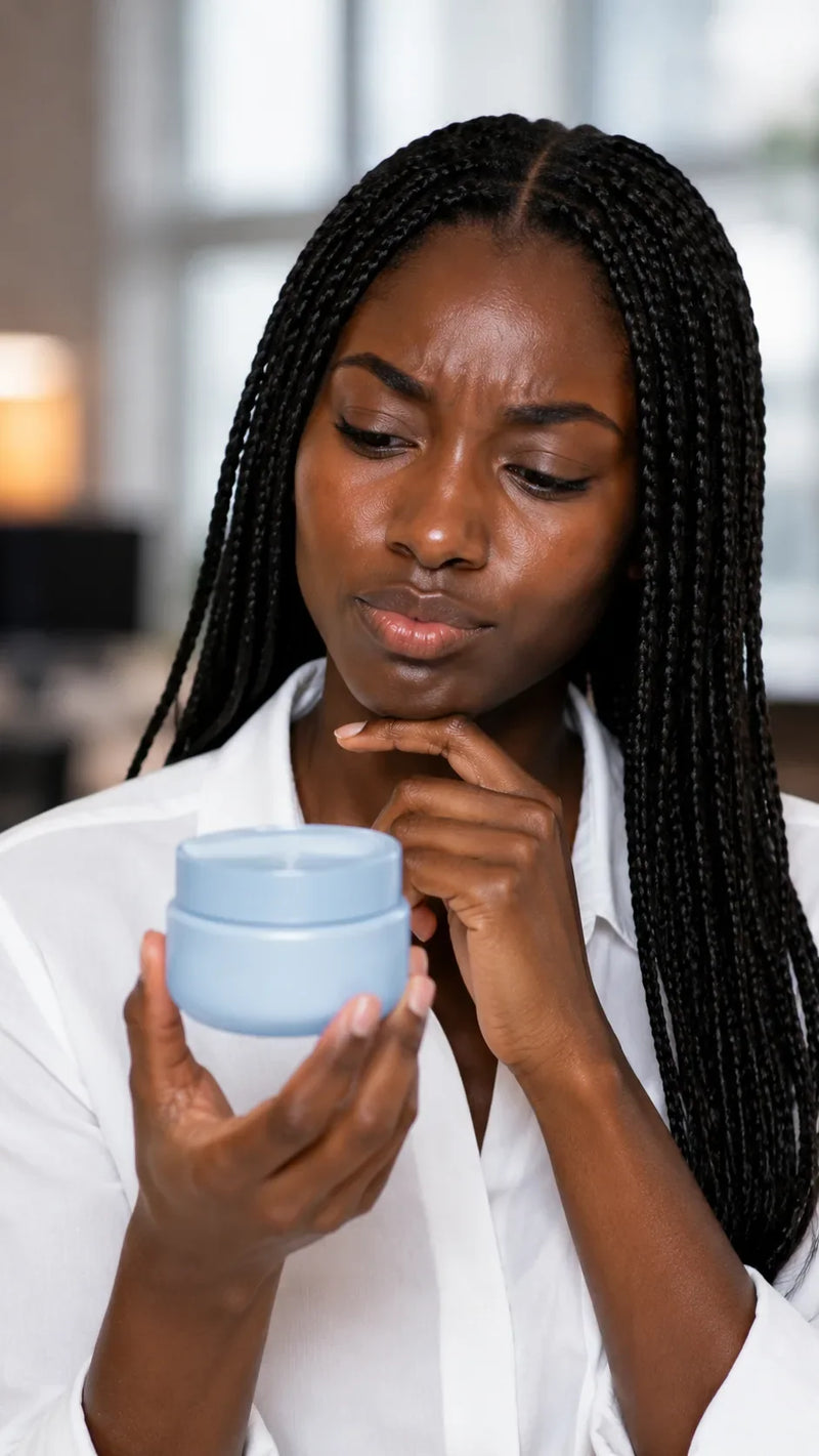 Femme aux cheveux tressés examinant un pot de crème — soin visage Clinic Yoneya