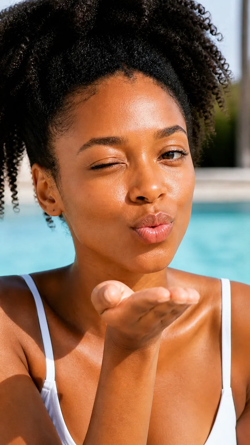 Jeune femme aux cheveux afro envoyant un baiser au bord de la piscine — beauté et confiance K-Beauty