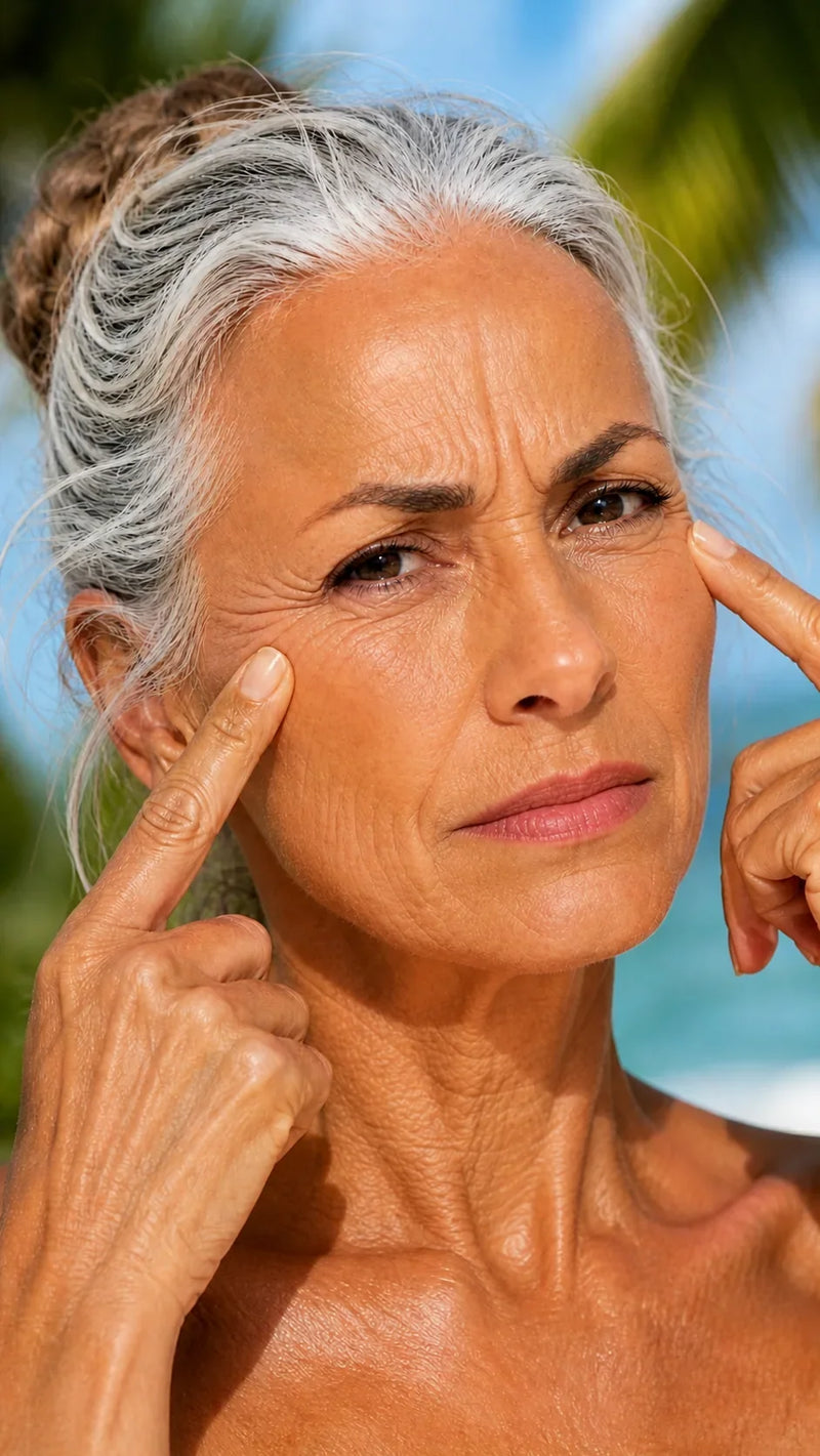 Femme mûre montrant les rides et signes de vieillissement cutané — anti-âge K-Beauty