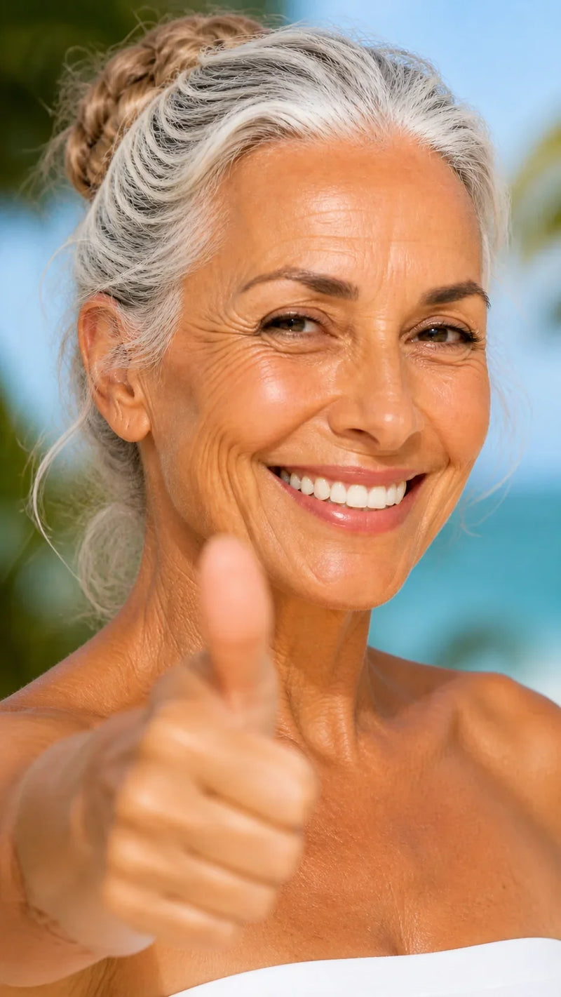 Femme mûre souriante levant le pouce — satisfaction soins anti-âge Clinic Yoneya