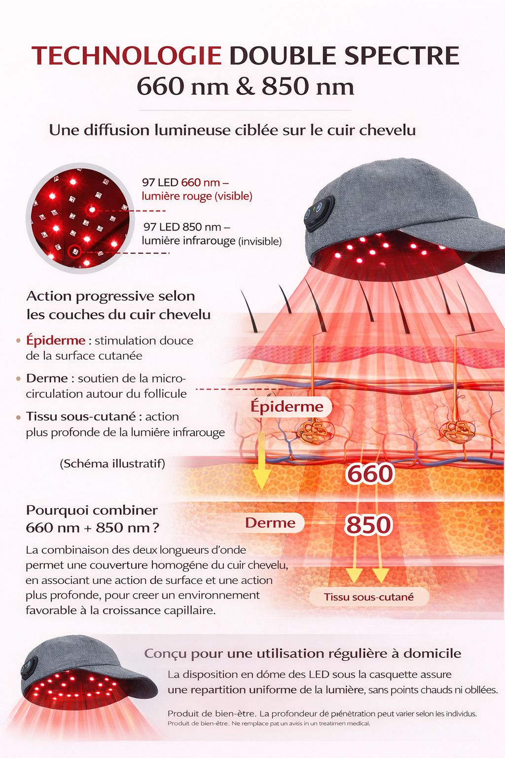 Casquette LED Infrarouge 660 nm & 850 nm – Rituel Anti‑Chute & Densité Capillaire
