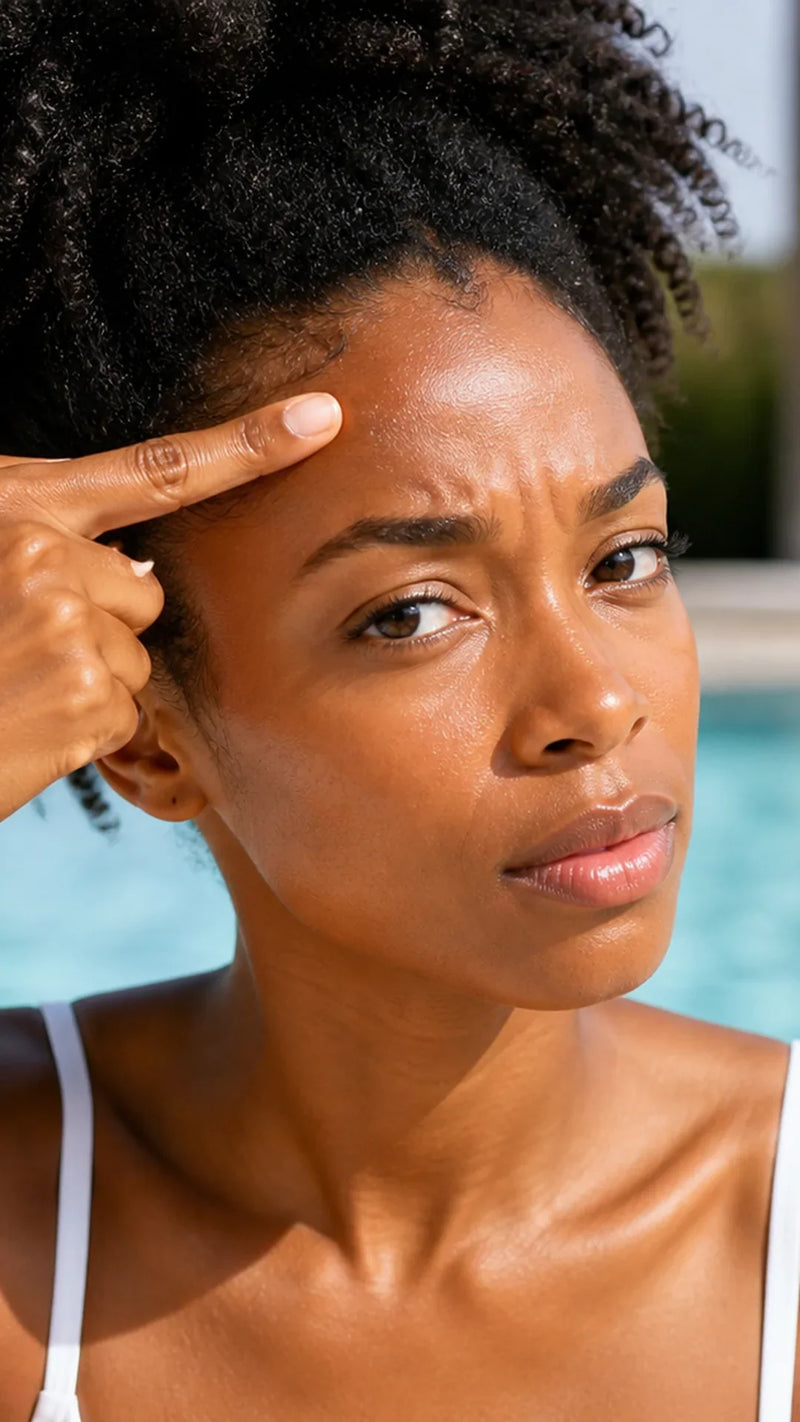 Jeune femme aux cheveux afro examinant sa peau au bord de l'eau — soins ciblés Clinic Yoneya
