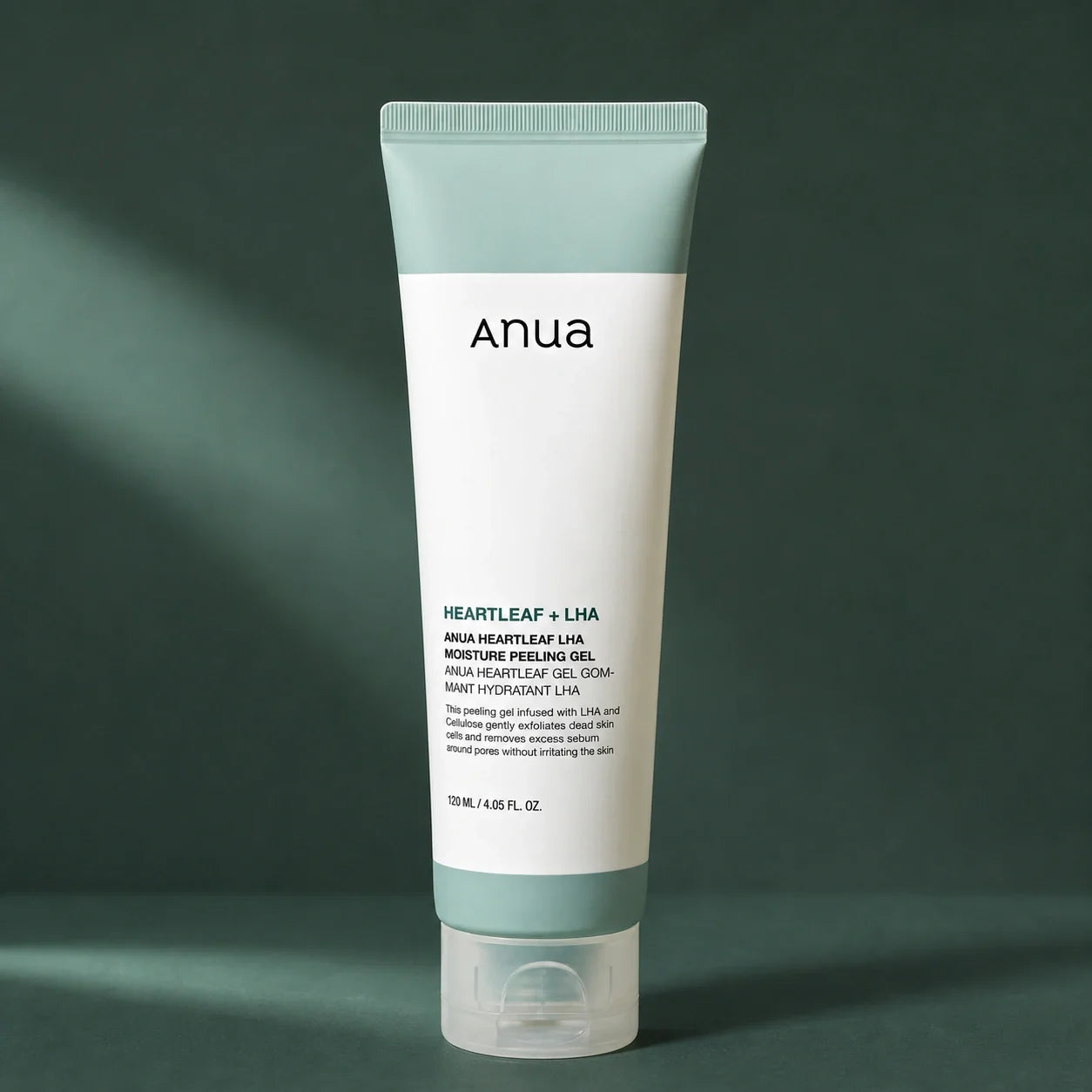 ANUA Gel Exfoliant Heartleaf LHA Moisture 120 ml sur fond vert premium