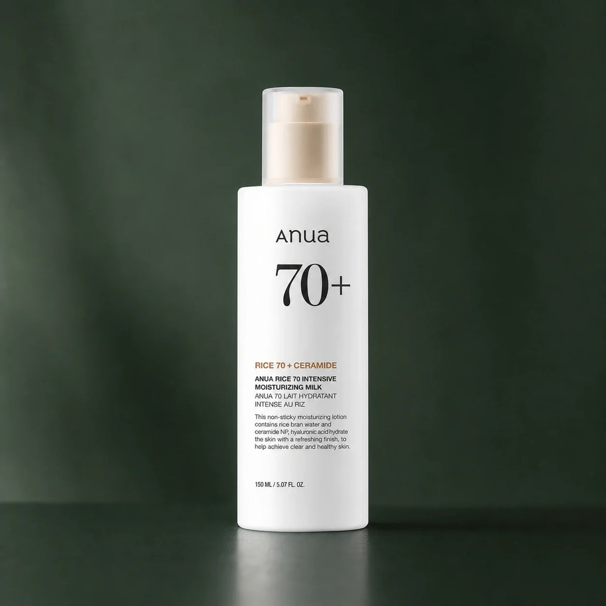 ANUA Lait Hydratant Rice 70 Intensive Moisturizing 150 ml sur fond vert premium