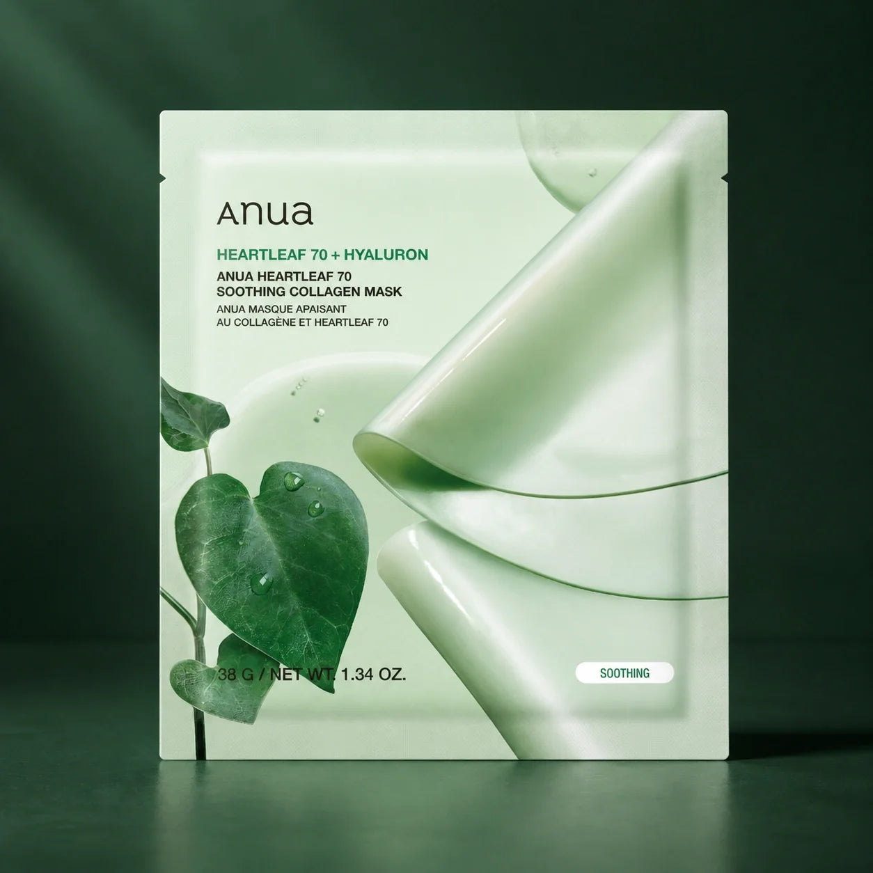 ANUA Masques Heartleaf 70 Collagen Soothing 38 g x 4 sur fond vert premium