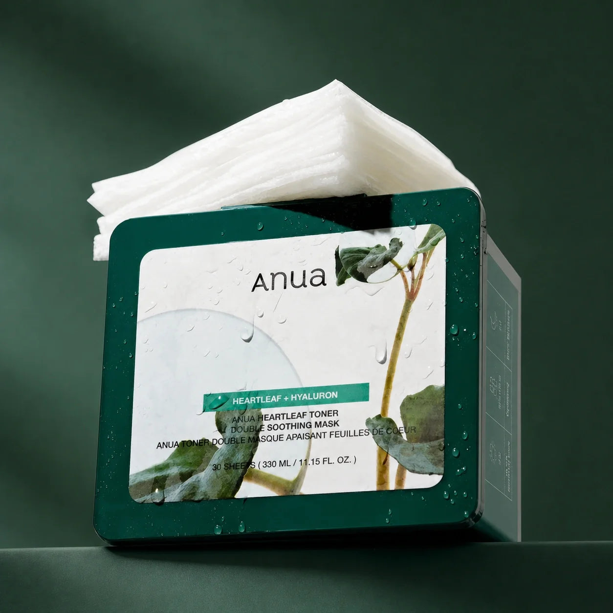 ANUA Masques Heartleaf Toner Double Soothing 30 feuilles 330 ml sur fond vert premium