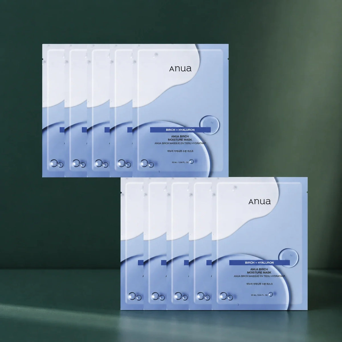 ANUA Masques Hydratants Birch Moisture 25 ml x 10 sur fond vert premium