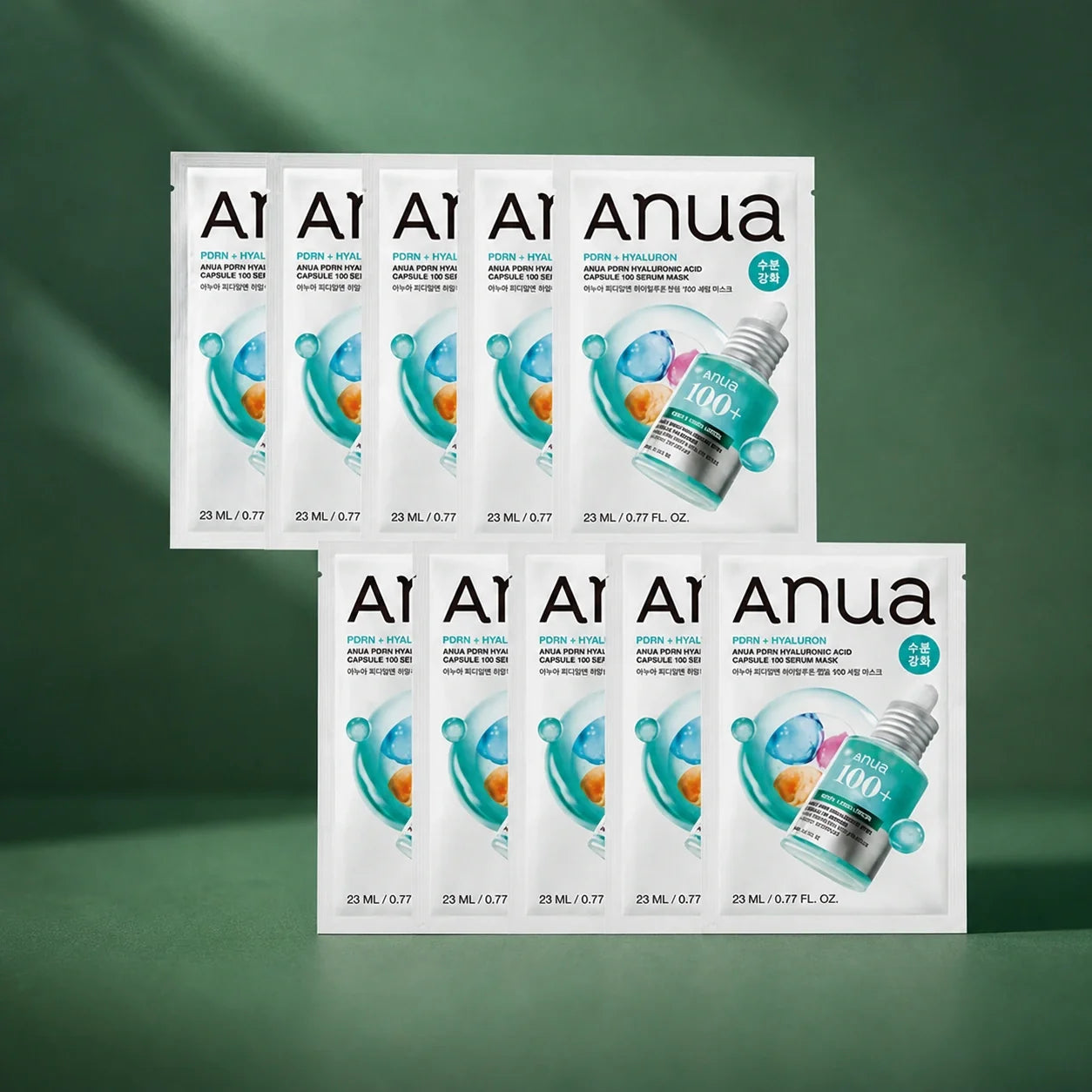 Lot de masques ANUA PDRN et acide hyaluronique sur fond vert premium