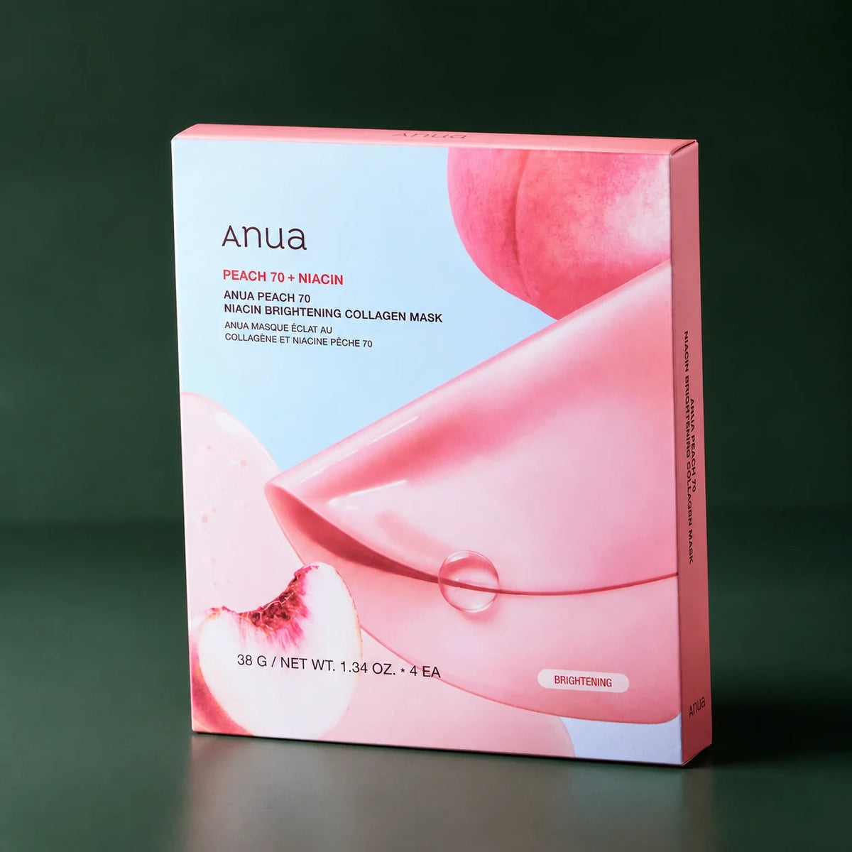 ANUA Masques Peach 70 Niacin Éclat Collagène 38 g x 4 sur fond vert premium
