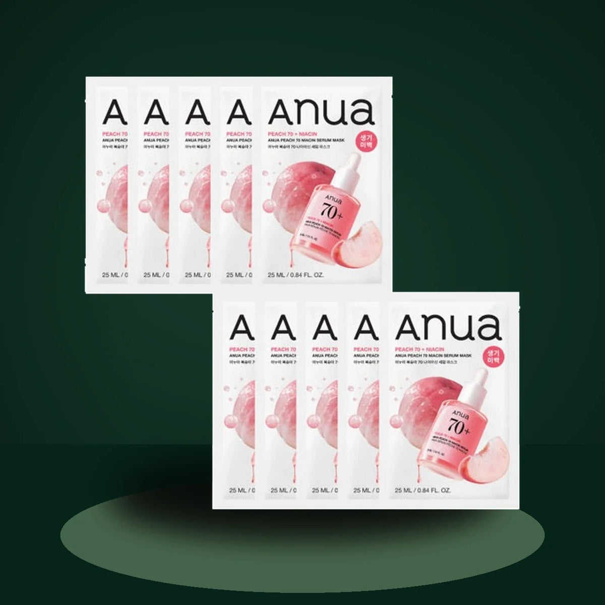 ANUA Masques Tissu Peach 70 Niacin 25 g x 10 sur fond vert premium