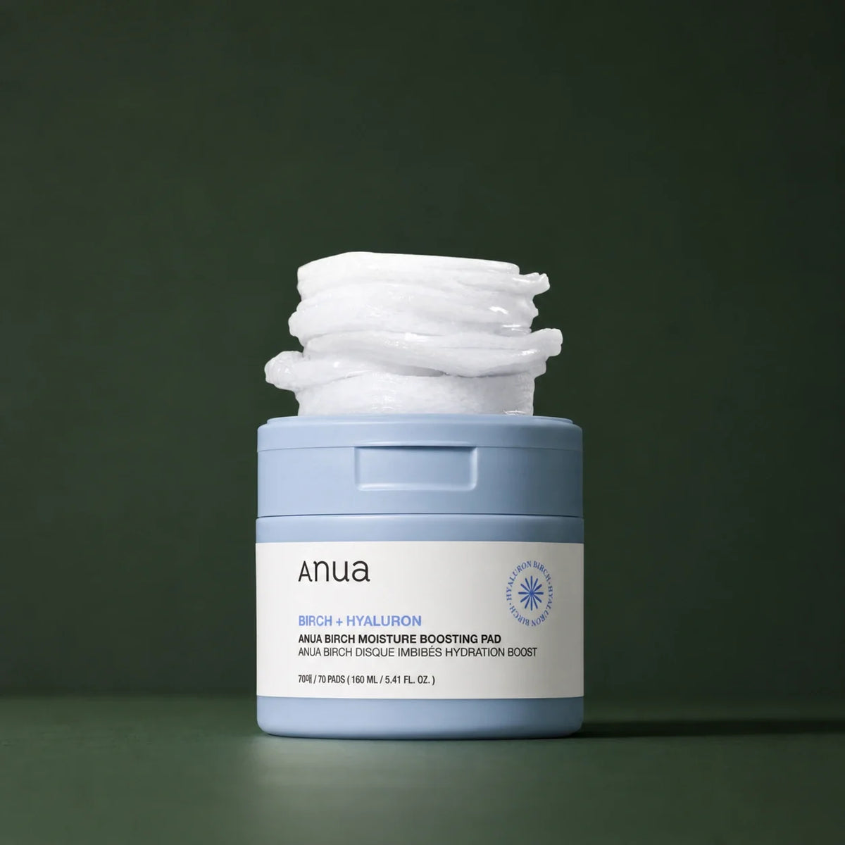 ANUA Pads Tonifiants Birch Moisture Boosting 70 pads 160 ml sur fond vert premium