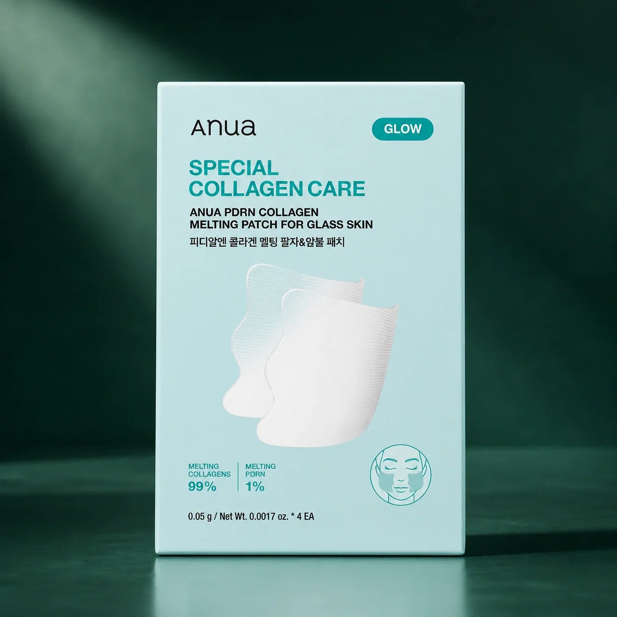 ANUA Patchs Fondants PDRN Collagène Glass Skin 4 pièces sur fond vert premium