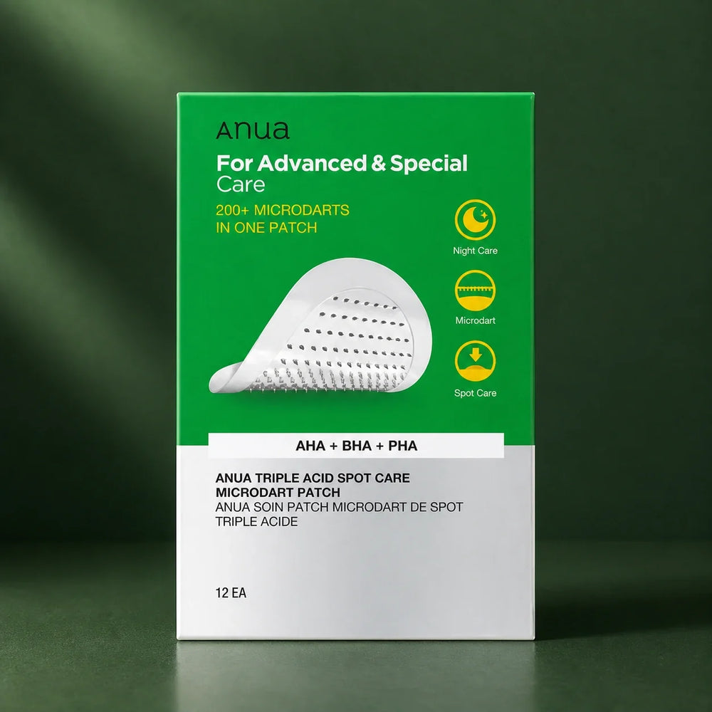 ANUA Patchs Microdart Triple Acid Spot Care 12 unités sur fond vert premium