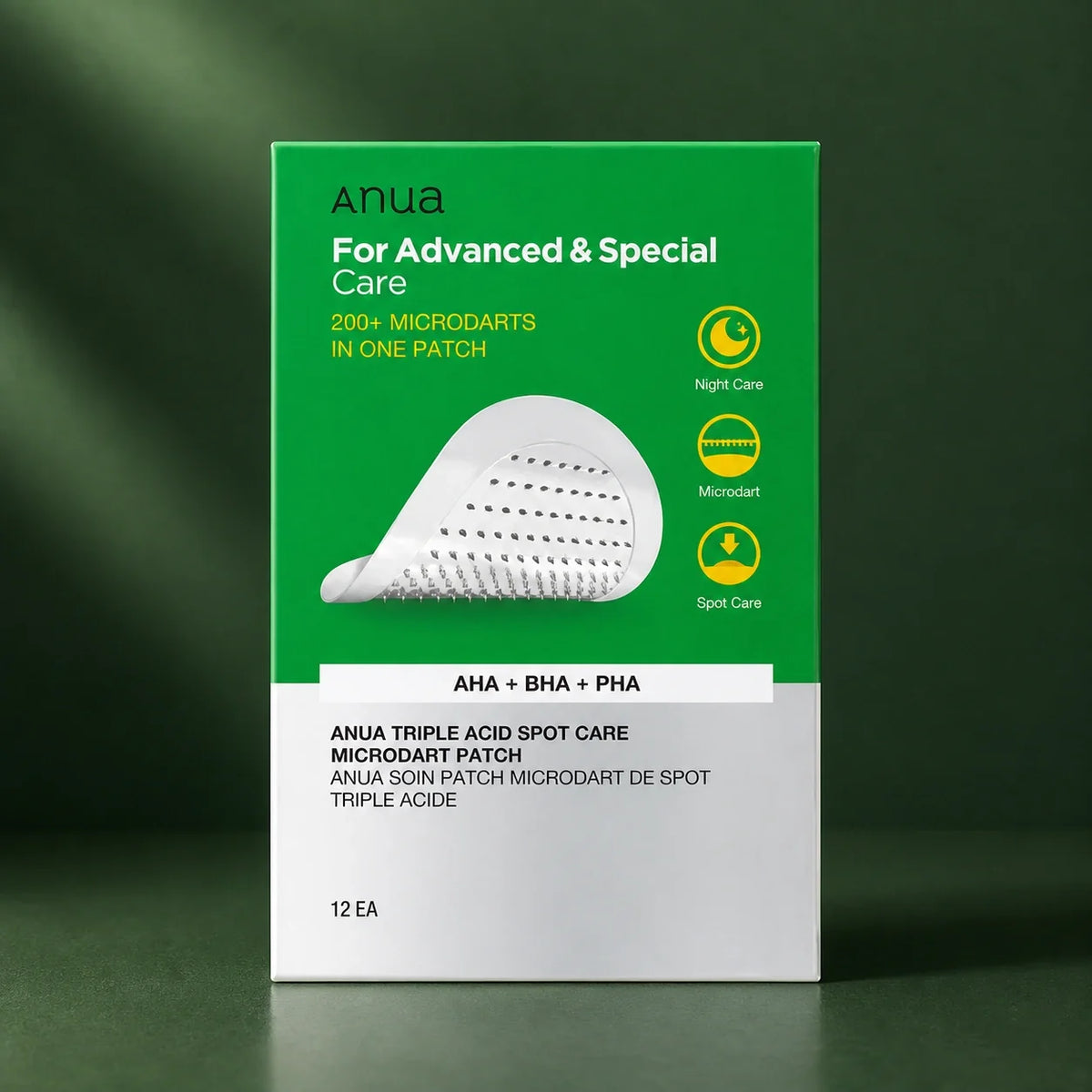 ANUA Patchs Microdart Triple Acid Spot Care 12 unités sur fond vert premium
