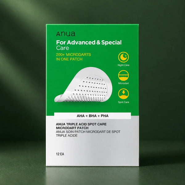 ANUA Patchs Microdart Triple Acid Spot Care 12 unités sur fond vert premium