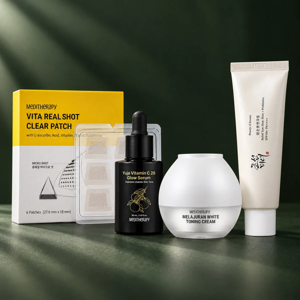 Coffret Meditherapy Éclat de fête : patchs Vita Real Shot, sérum Yuja vitamine C 20 %, crème Melajuran à la tomate blanche et crème solaire SPF50+