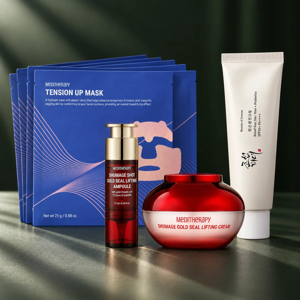 Coffret Meditherapy Gold Seal fermeté : masques Tension Up, ampoule Shumage Gold Seal, crème liftante aux fils d'or et crème solaire SPF50+