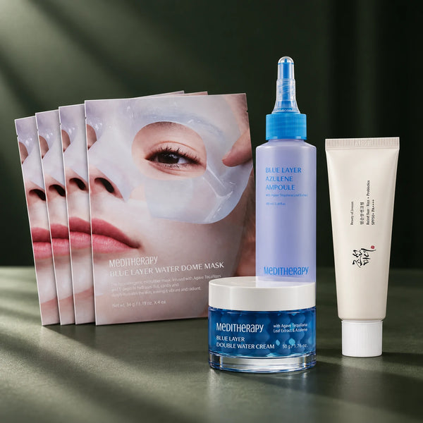 Coffret Meditherapy Hydratation Blue Layer : masques Dôme d'Eau, ampoule azulène, crème Double Eau et crème solaire SPF50+