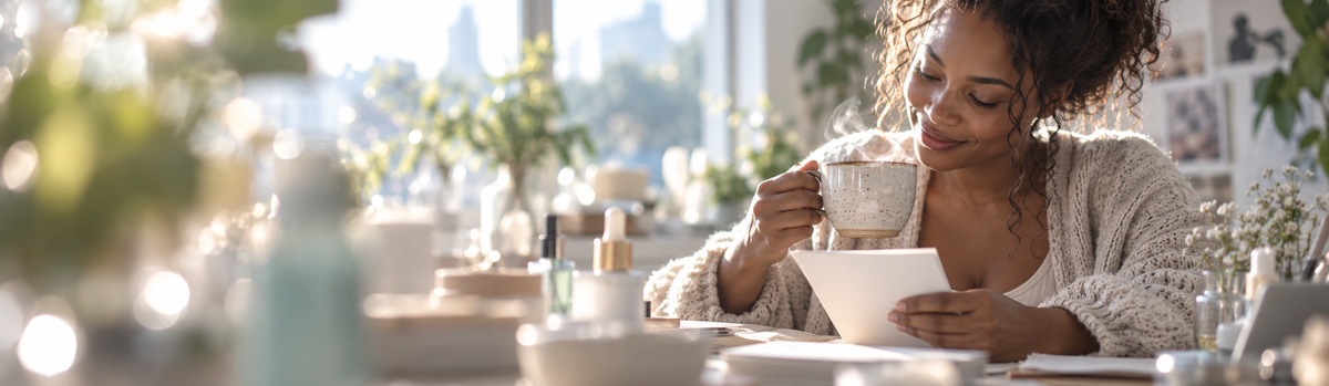 Une femme assise à un bureau clair, une tasse de thé à la main, qui lit des notes avec un sourire, quelques flacons de soin flous sur le bureau.