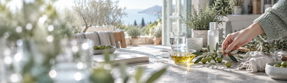 Branche d'olivier, olives vertes et une coupelle d'huile dorée, lumière méditerranéenne douce.