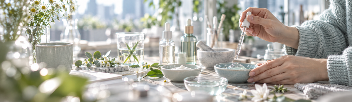 Vue d'ensemble d'un plan de travail de laboratoire cosmétique pastel : coupelles de textures, pipettes, feuilles et fleurs fraîches.