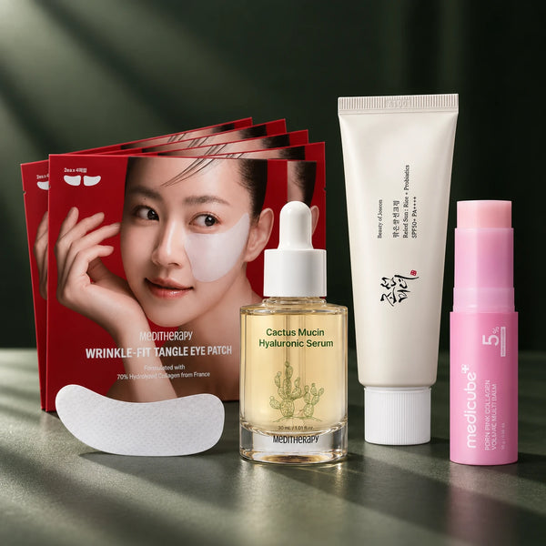 Kit Routine repulpante Baume Stick : patchs yeux Wrinkle-Fit, sérum hyaluronique à la mucine de cactus, crème solaire SPF50+ et Baume Stick PDRN