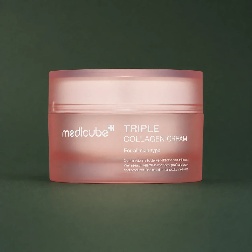 Medicube Crème Triple Collagen 4.0 – pot de crème sur fond vert premium