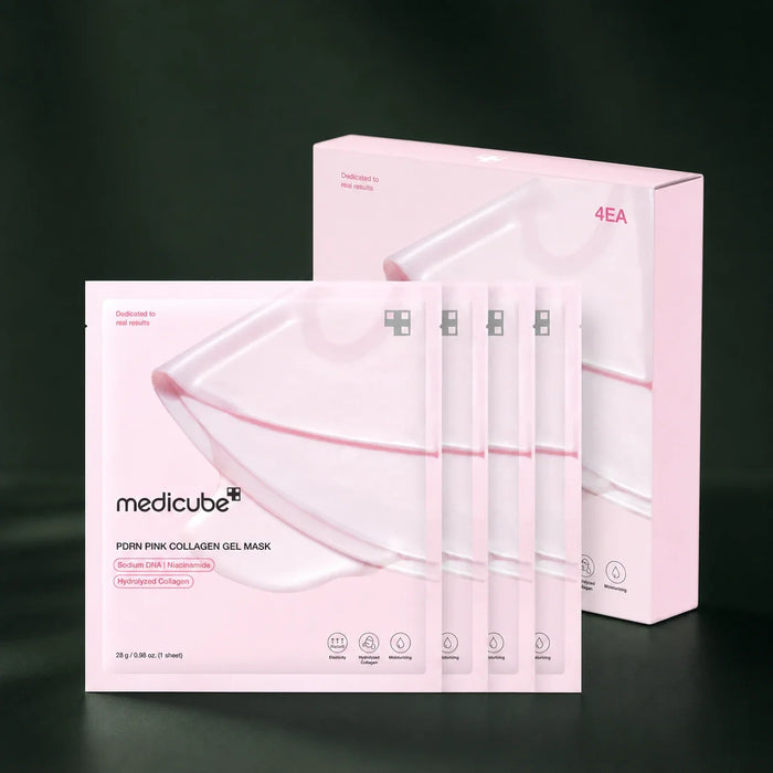 Medicube Masques Gel Collagène Rose PDRN – coffret et sachets sur fond vert premium