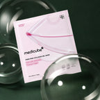 Medicube Masques Gel Collagène Rose PDRN – sachet et bulles sur fond vert premium