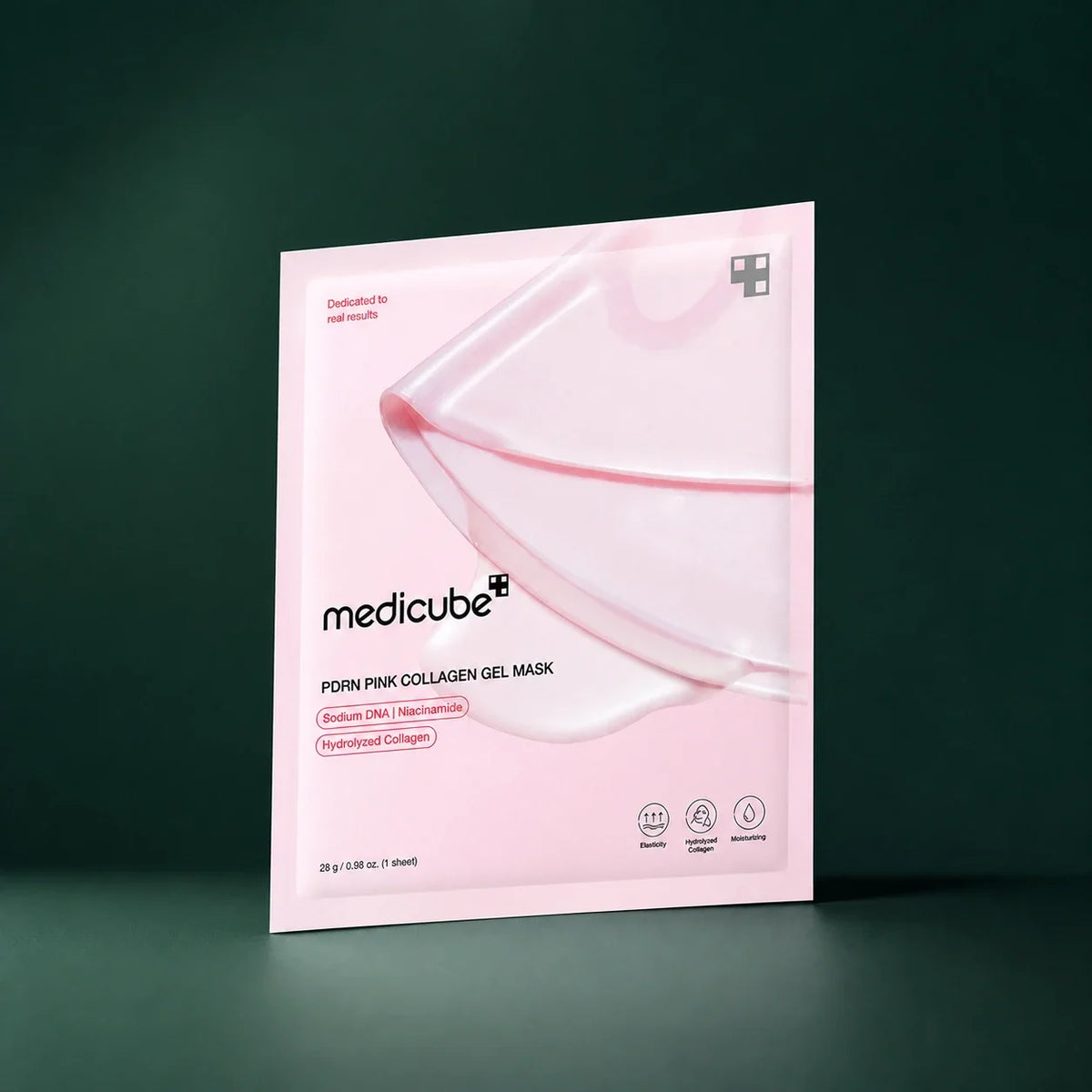 Sachet Medicube PDRN Pink Collagen Gel Mask sur fond vert profond