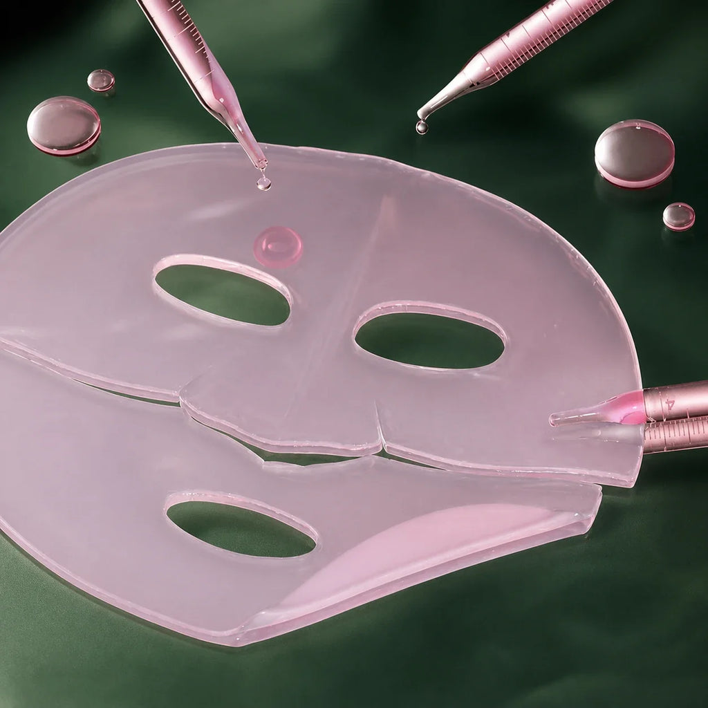 Masques hydrogel roses Medicube PDRN Pink Collagen sur fond vert profond