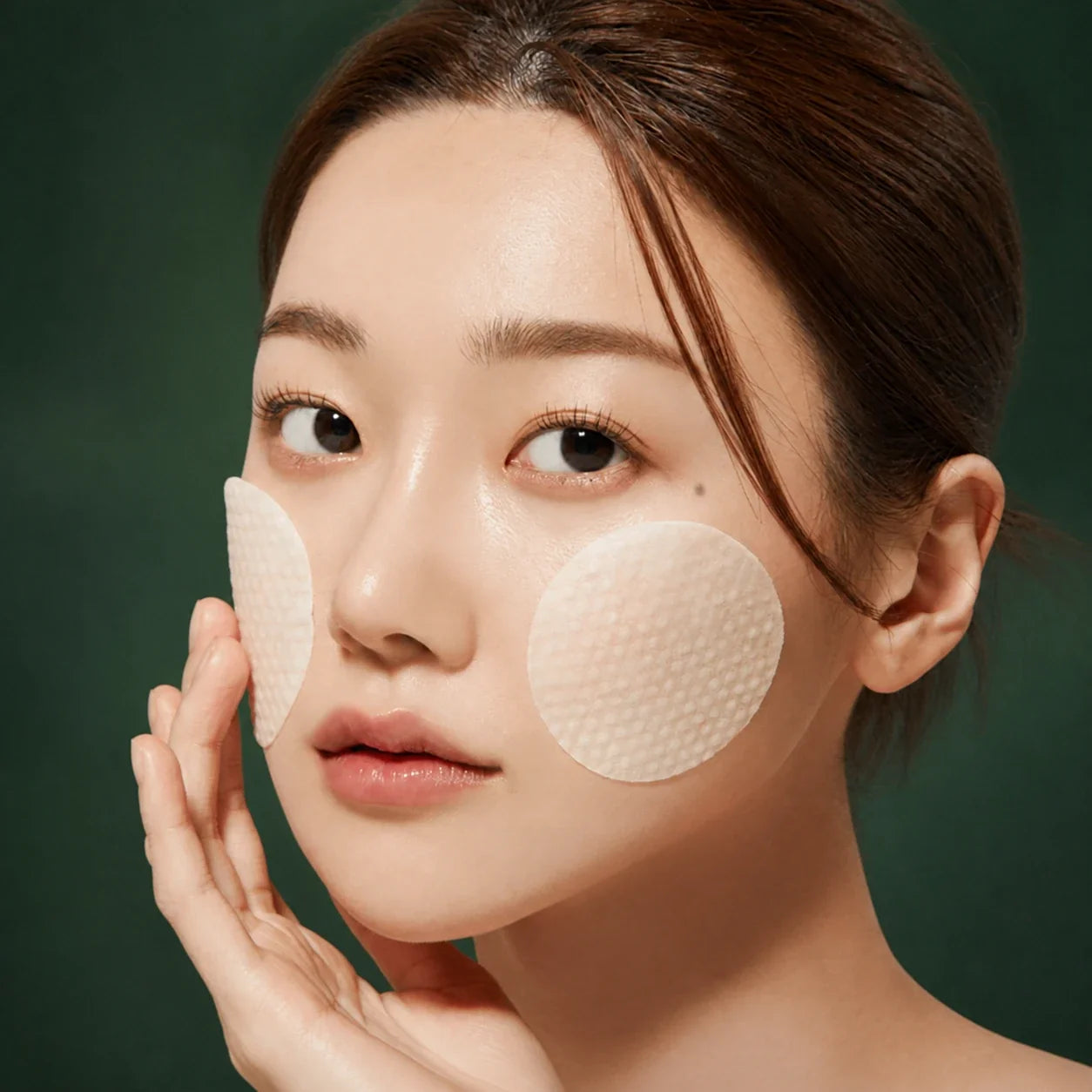 Medicube Pads Éclat Deep Vita C – utilisation sur le visage sur fond vert premium