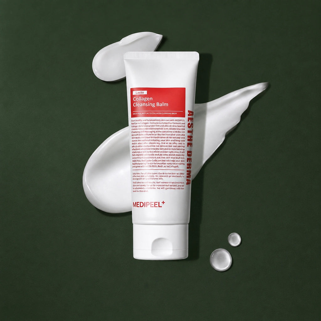 Baume Démaquillant Red Lacto Collagen MEDIPEEL – vue 2 sur fond vert profond.