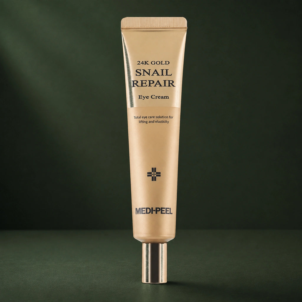 Crème Contour des Yeux Or 24K & Mucine d’Escargot MEDIPEEL – vue 5 sur fond vert profond.