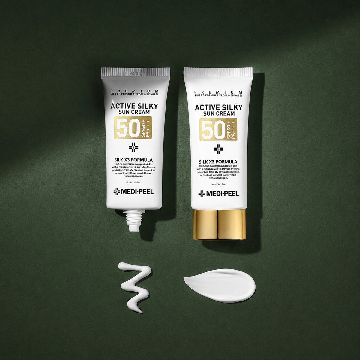 Crème Solaire Visage Soyeuse SPF50+ PA+++ MEDIPEEL – vue 5 sur fond vert profond.