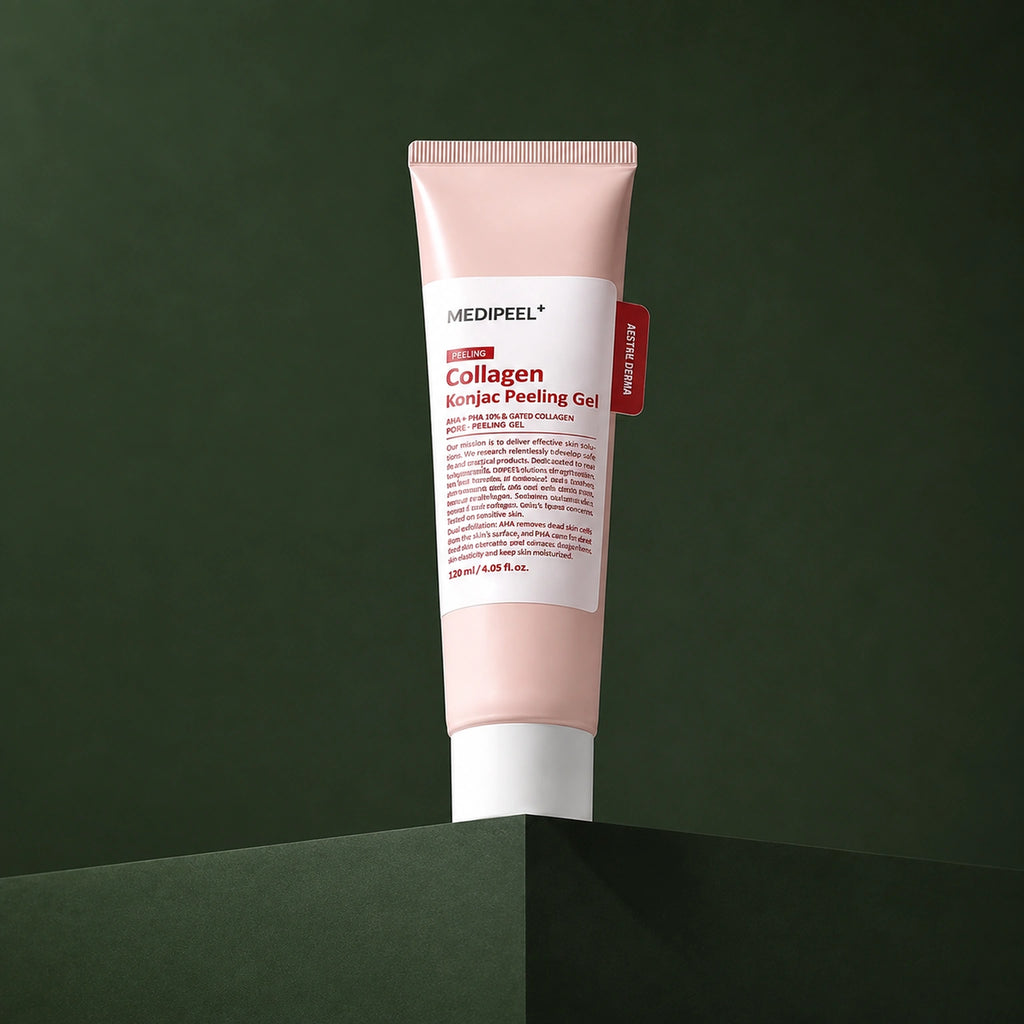 Gel Exfoliant Konjac Red Lacto Collagen MEDIPEEL – vue 2 sur fond vert profond.