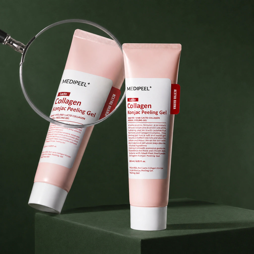 Gel Exfoliant Konjac Red Lacto Collagen MEDIPEEL – vue 4 sur fond vert profond.