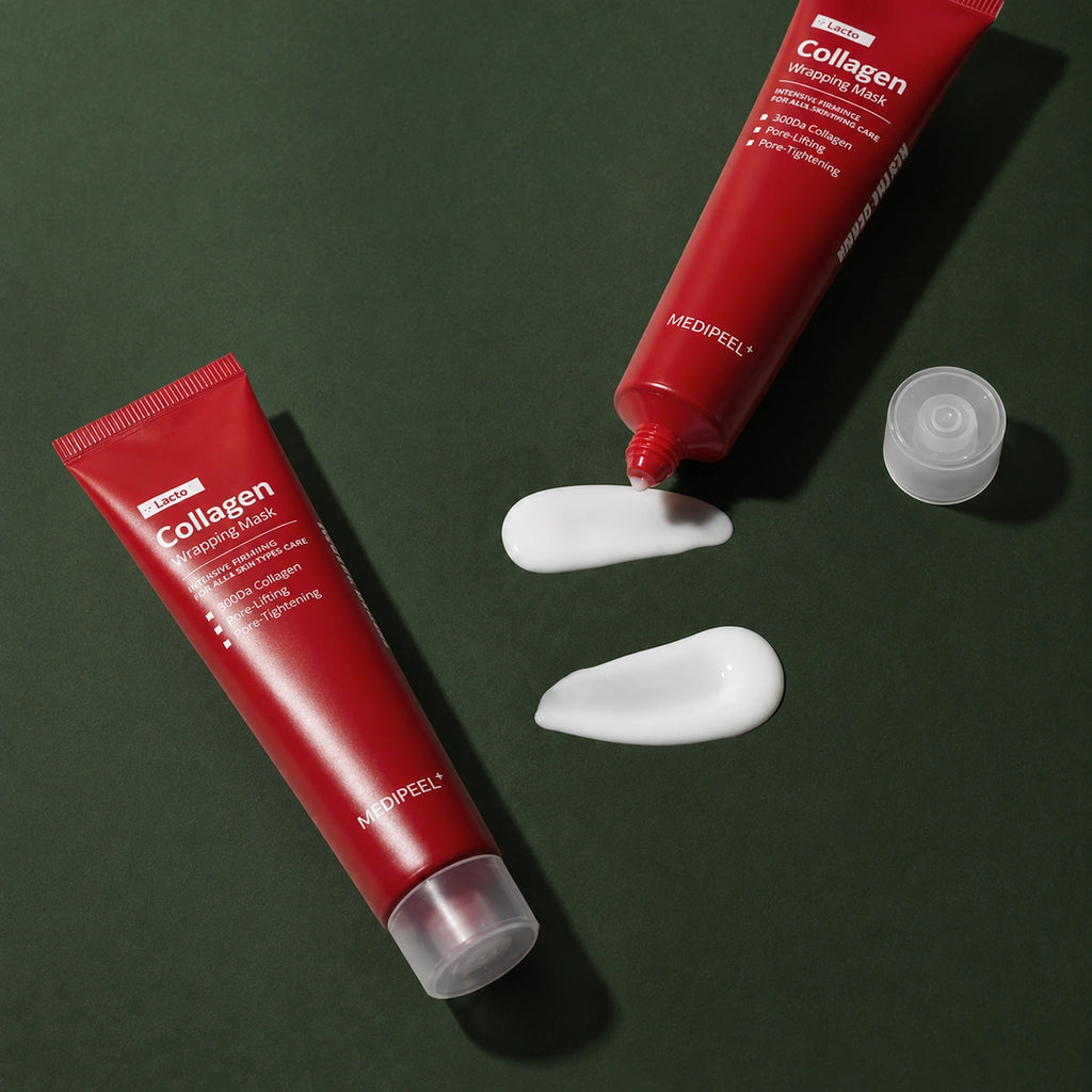 Masque Enveloppant Collagène & Lactobacillus MEDIPEEL – vue 2 sur fond vert profond.