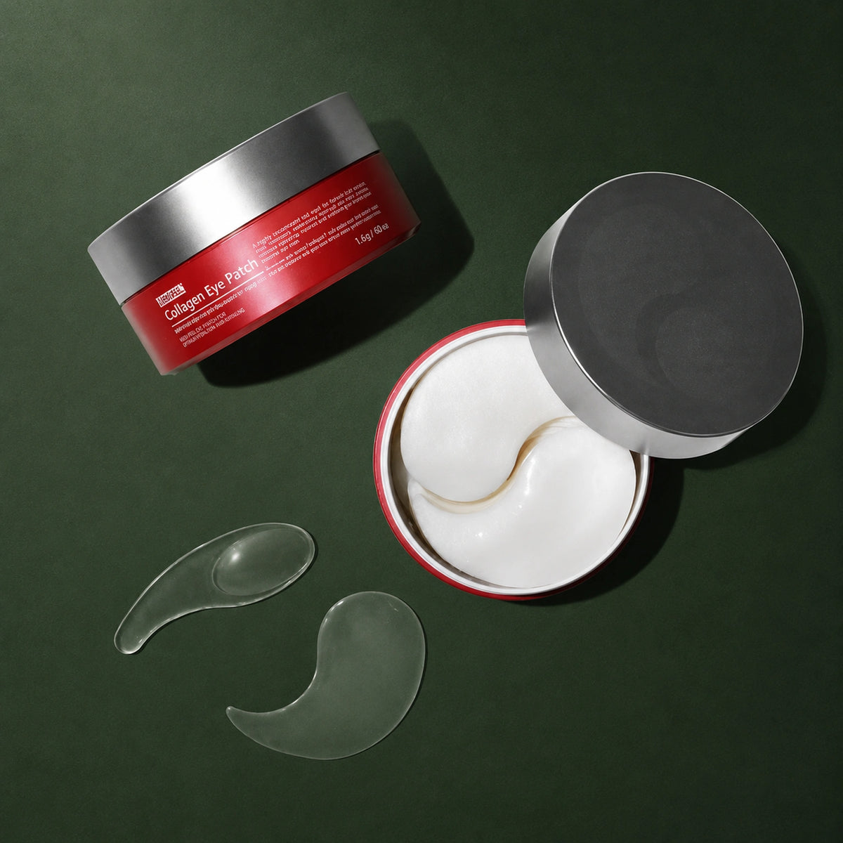 Patchs Yeux Hydrogel Collagène & Lactobacillus MEDIPEEL – vue principale sur fond vert profond.