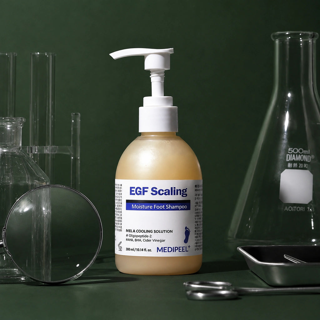 Shampooing Exfoliant Rafraîchissant pour les Pieds à l’EGF MEDIPEEL – vue principale sur fond vert profond.