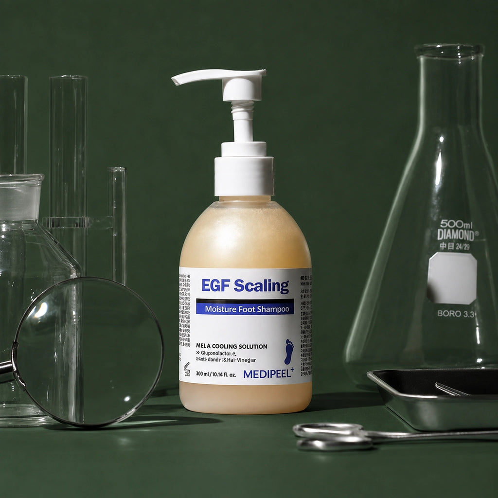 Shampooing Exfoliant Rafraîchissant pour les Pieds à l’EGF MEDIPEEL – vue 2 sur fond vert profond.