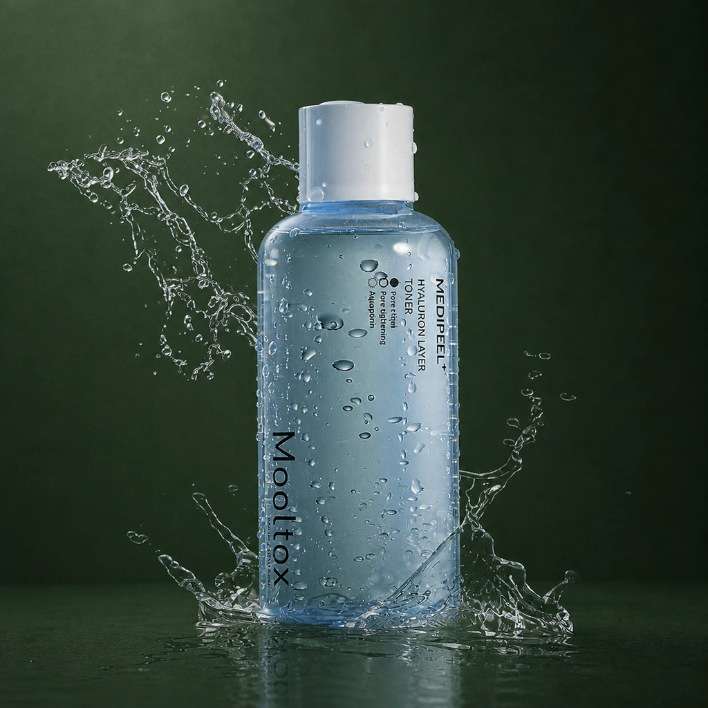 Tonique Hydratant Hyaluronic Acid Layer Mooltox MEDIPEEL – vue 4 sur fond vert profond.