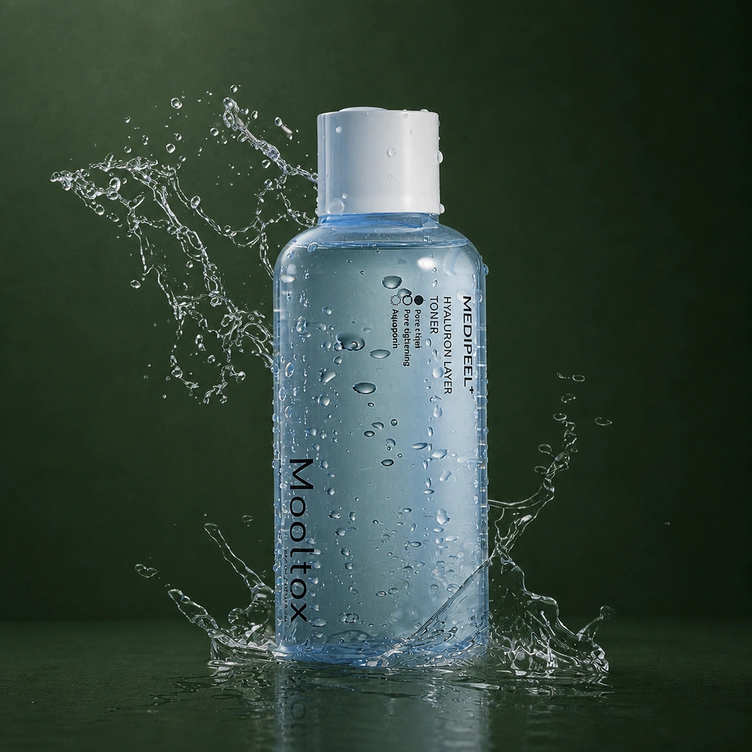 Tonique Hydratant Hyaluronic Acid Layer Mooltox MEDIPEEL – vue 4 sur fond vert profond.