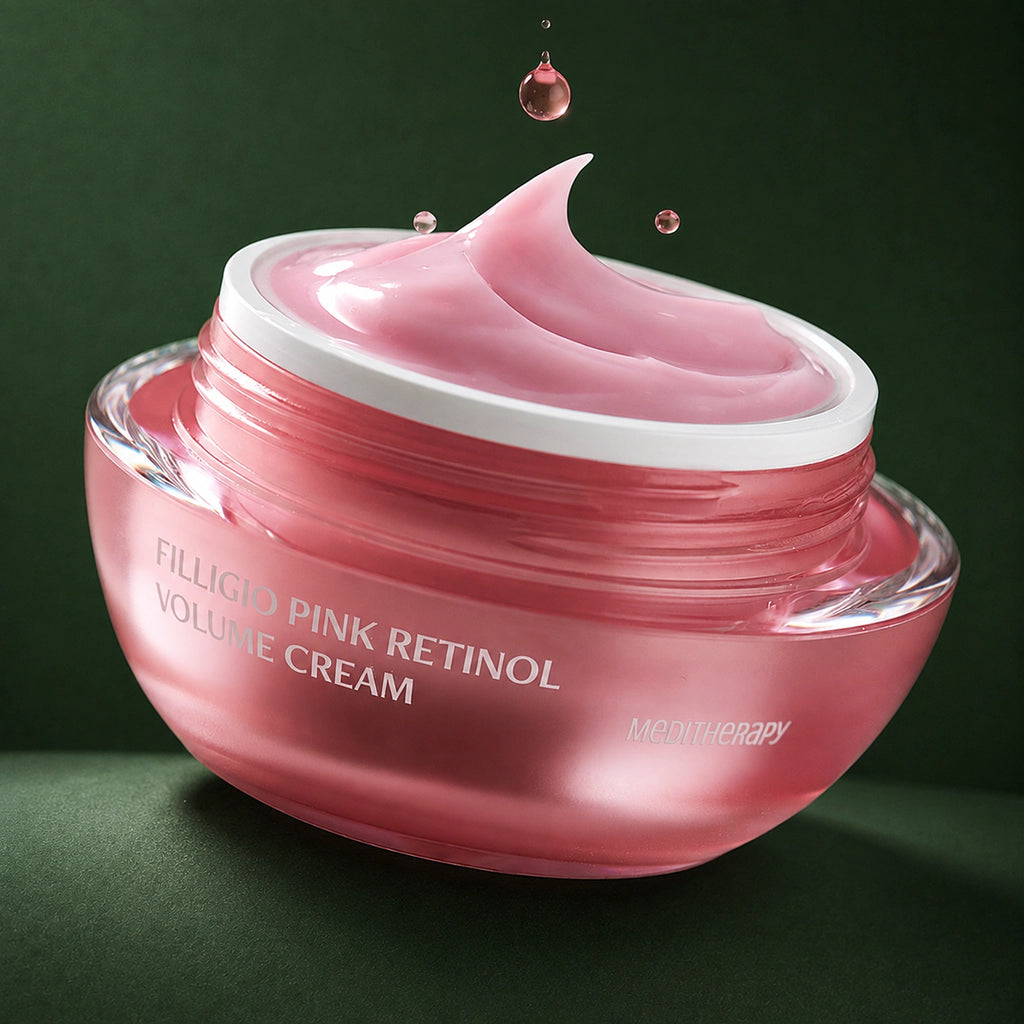 MEDITHERAPY Filligio Pink Retinol Volume Cream 50ml + EMS Device Set (*It can only be shipped via express service.) MEDITHERAPY – vue 3 sur fond vert profond.